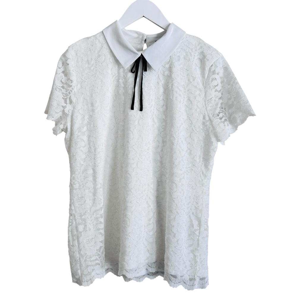 KARL LAGERFELD Peter Pan Collar Black Tie Short Sleeve Lace Top Blouse White M - Picture 12 of 17